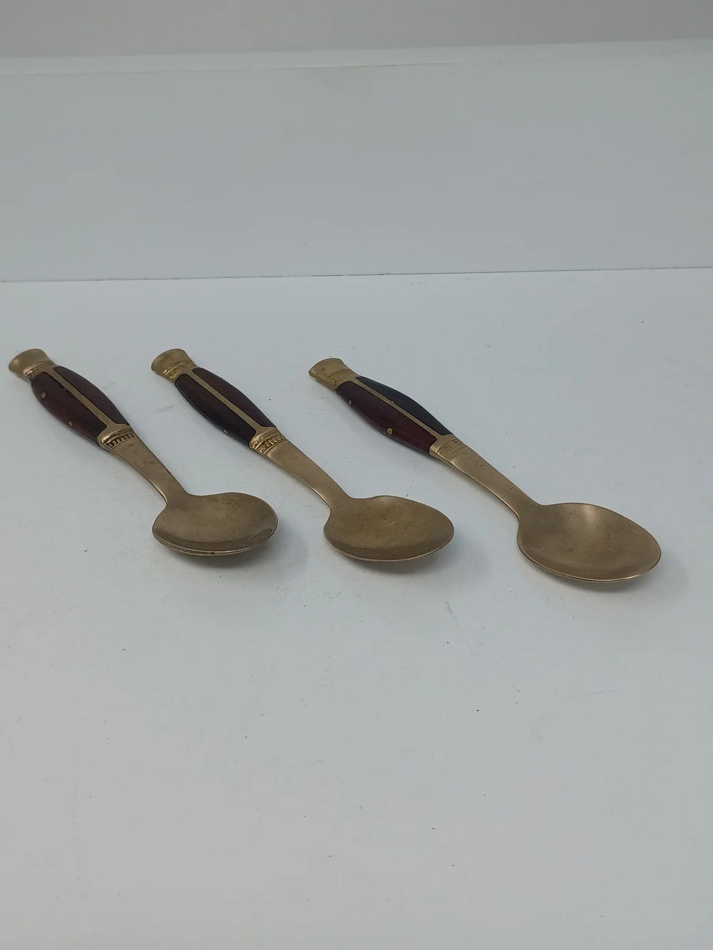 Vintage 1960's Thailand Brass Dessert Spoons with Brown Teak Wood Handles